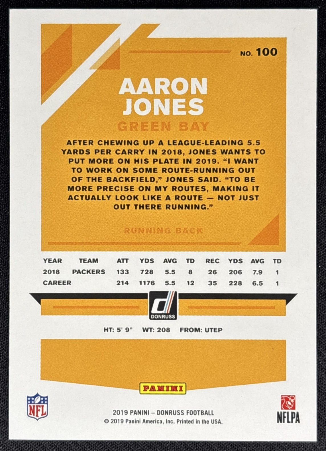 Aaron Jones 2019 Panini Donruss Season Stat Line /500 Packers back