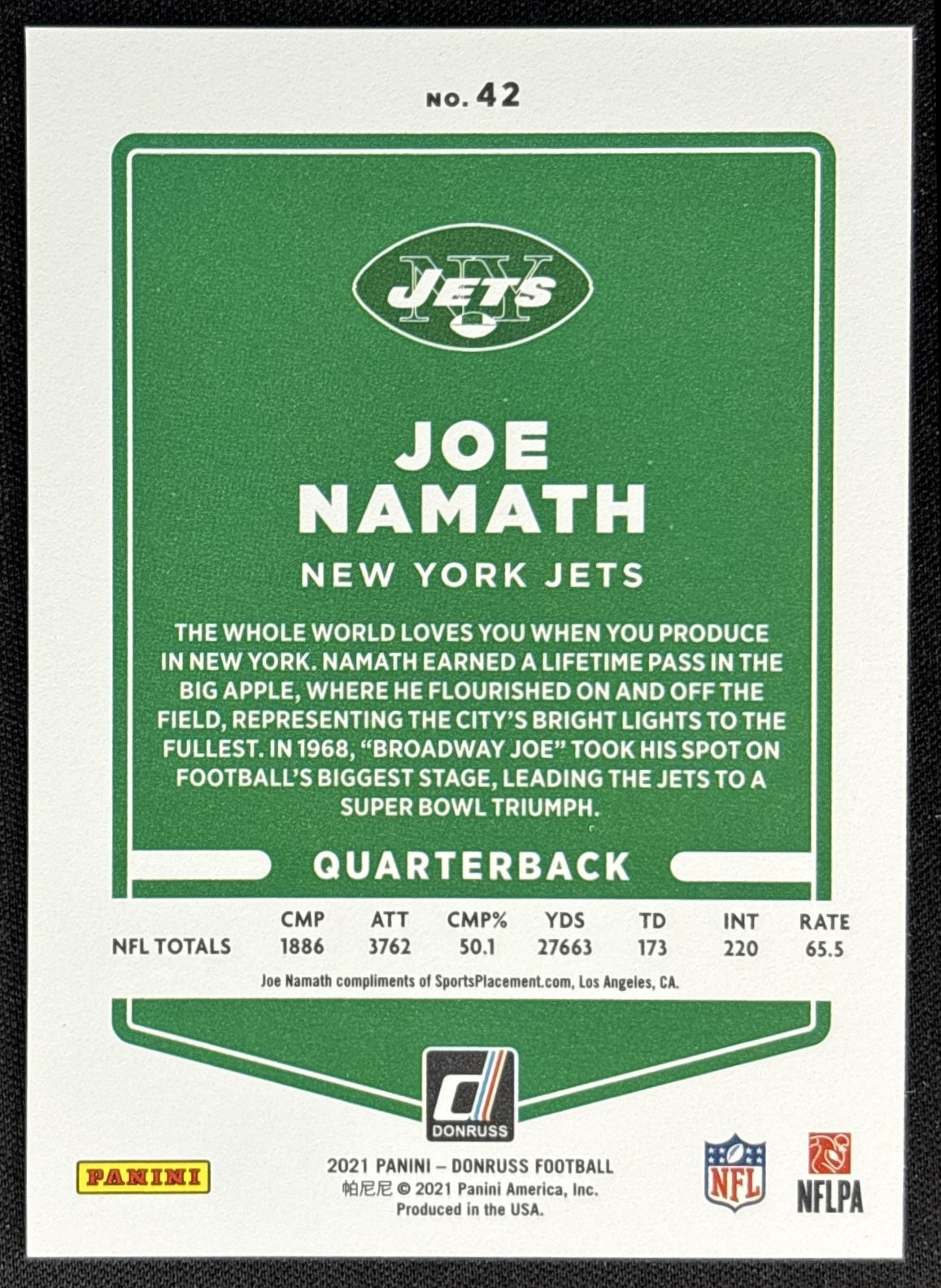 Joe Namath 2021 Panini Donruss Press Proof Premium Jets