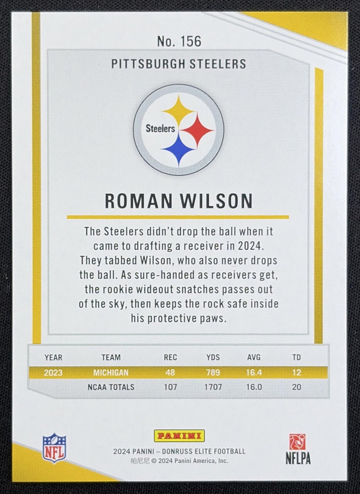 Roman Wilson 2024 Panini Donruss Elite /999 Steelers back