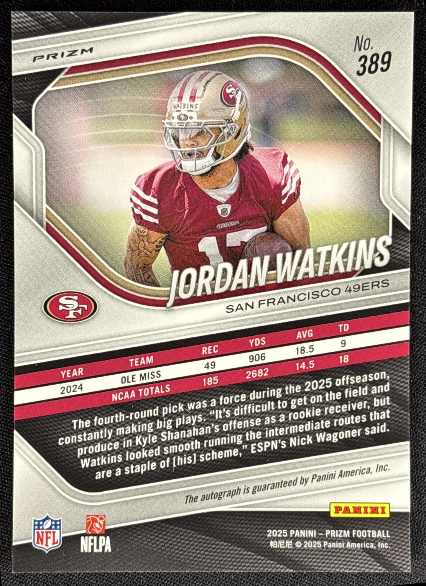 Jordan Watkins 2025 Panini Prizm Rookie Auto No Huddle 49ers - back