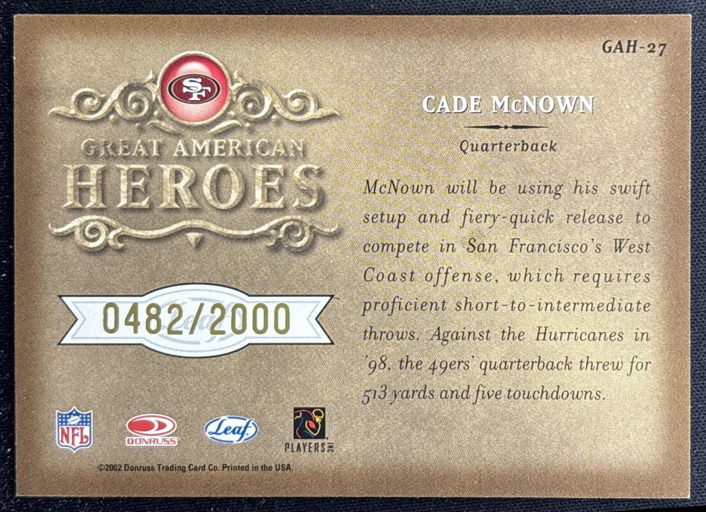 Cade McNown 2002 Leaf Rookies & Stars Great American Heroes /2000 49ers back