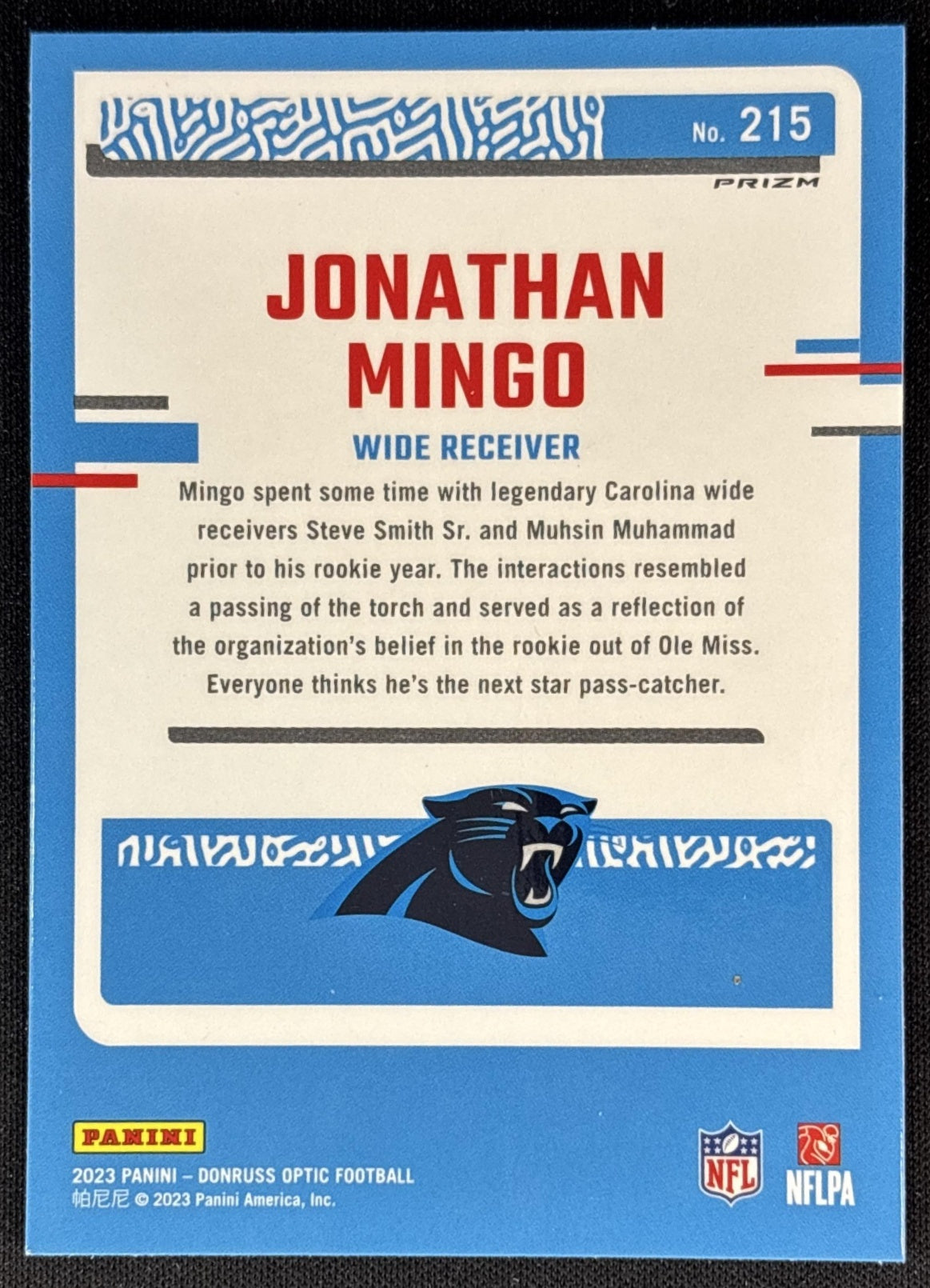 Jonathan Mingo 2023 Panini Donruss Optic Blue Hyper Prizm Panthers
