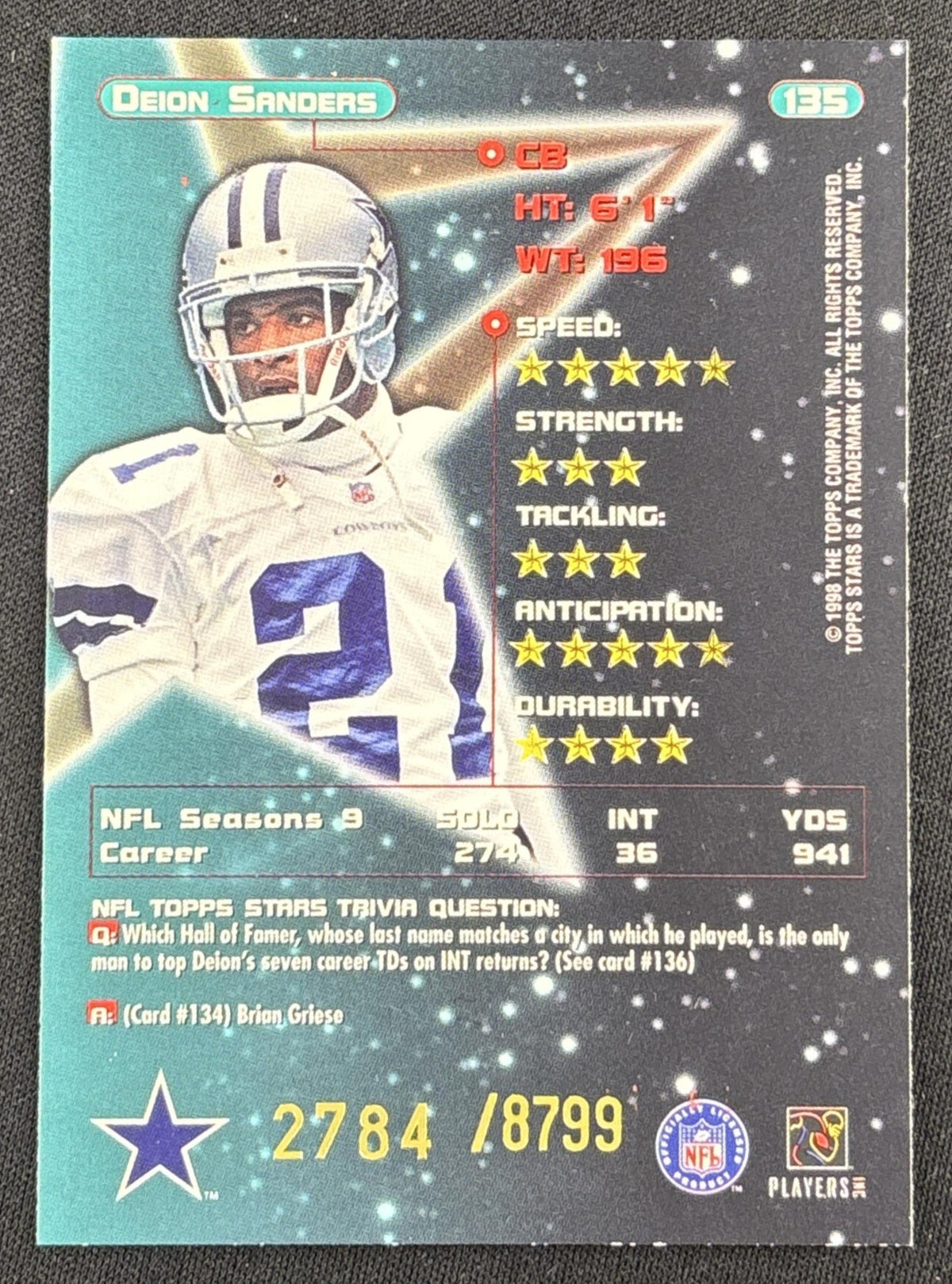 Deion Sanders 1998 Topps Stars Bronze Star /8799 Cowboys