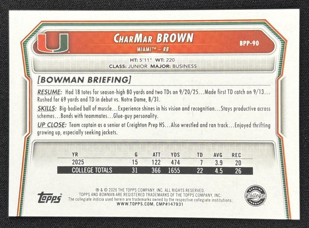 CharMar Brown 2026 Bowman Paper Prospects Pink /250 Dolphins Hurricanes Sports Trading Card