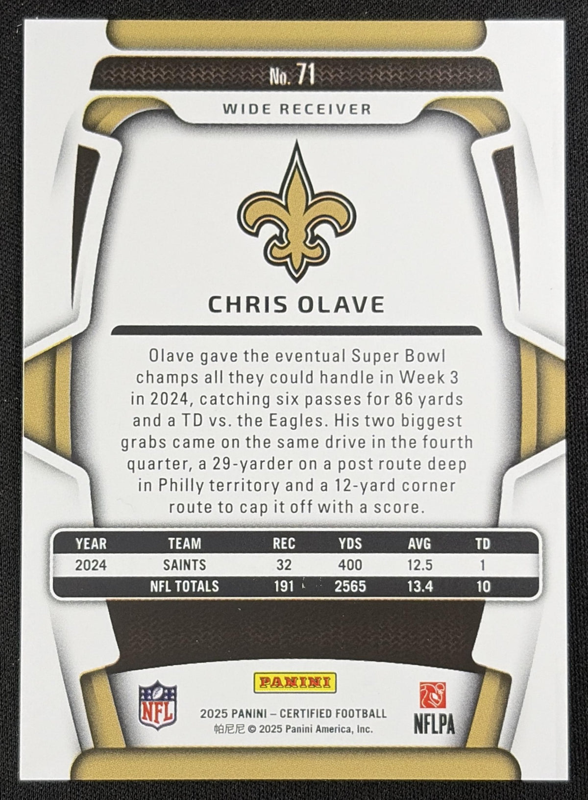 Chris Olave 2025 Panini Certified Mirror Pink /225 Saints