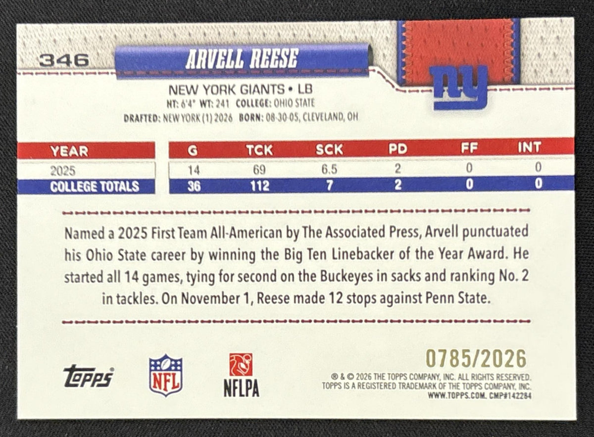 Arvell Reese 2026 Topps Gold /2026 Giants