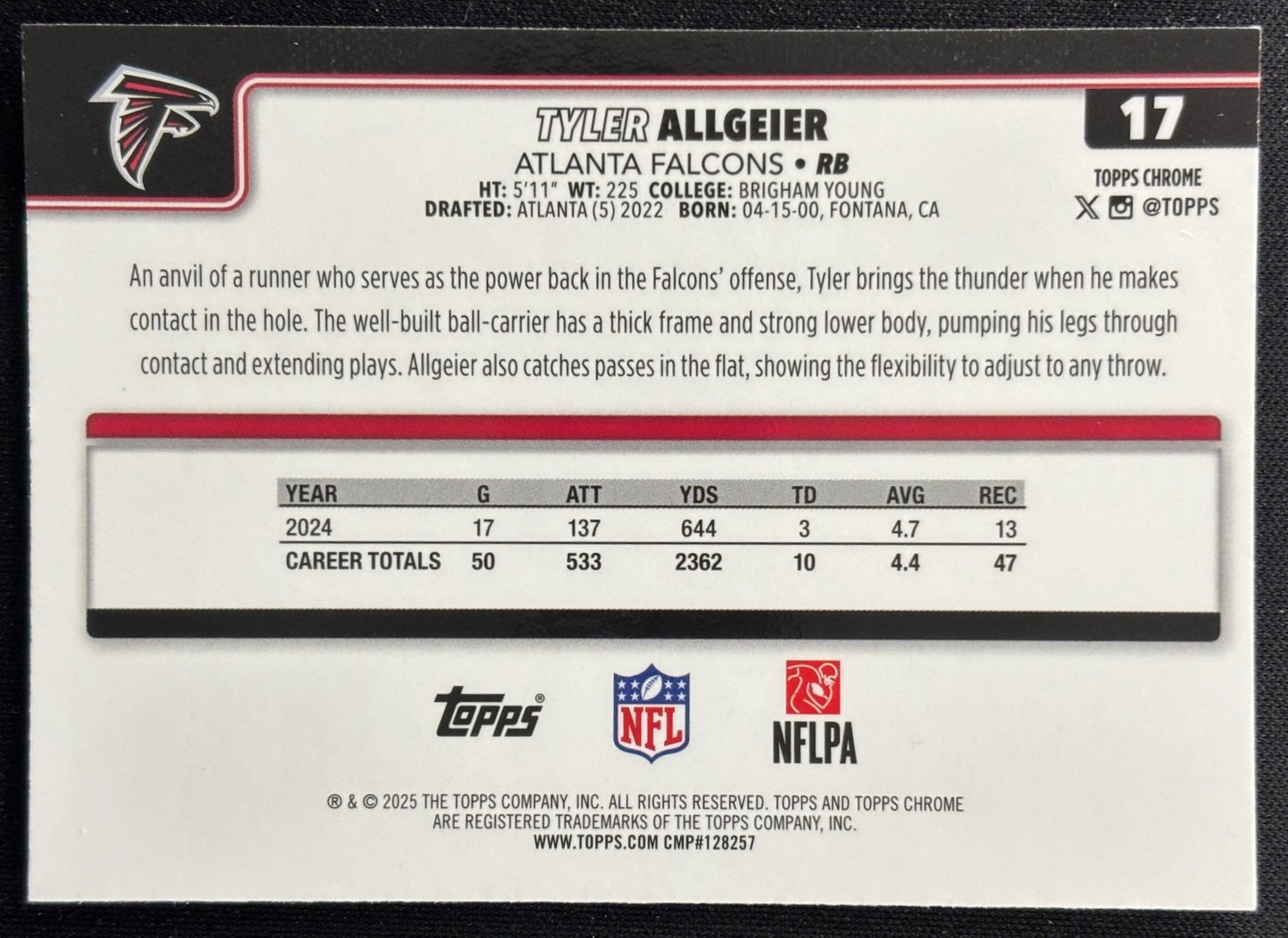 Tyler Allgeier 2025 Topps Chrome Red/White/Blue Refractor Falcons Sports Trading Cards