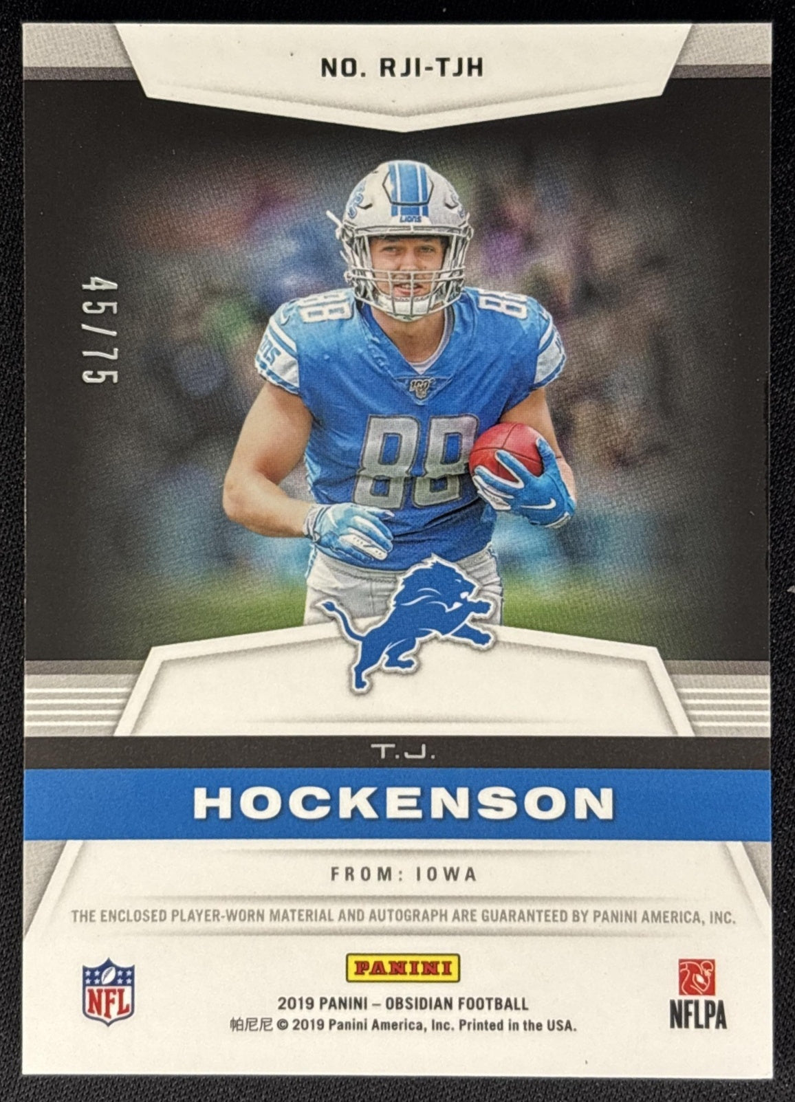 T.J. Hockenson 2019 Obsidian Rookie Jersey Ink Electric Etch Orange /75 Lions back