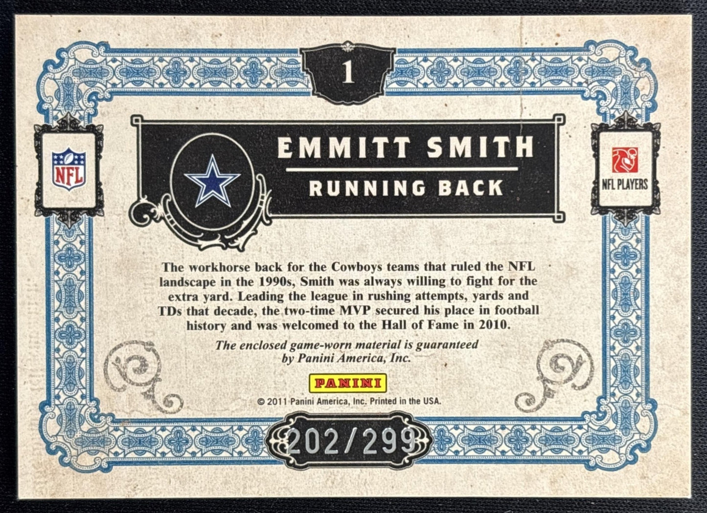 Emmitt Smith 2011 Panini Gold Standard Hall of Materials /299 Cowboys Sports Trading Card