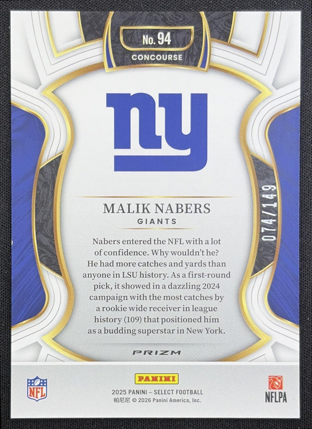 Malik Nabers 2025 Panini Select Concourse Maroon Prizm /149 Giants New York Giants back