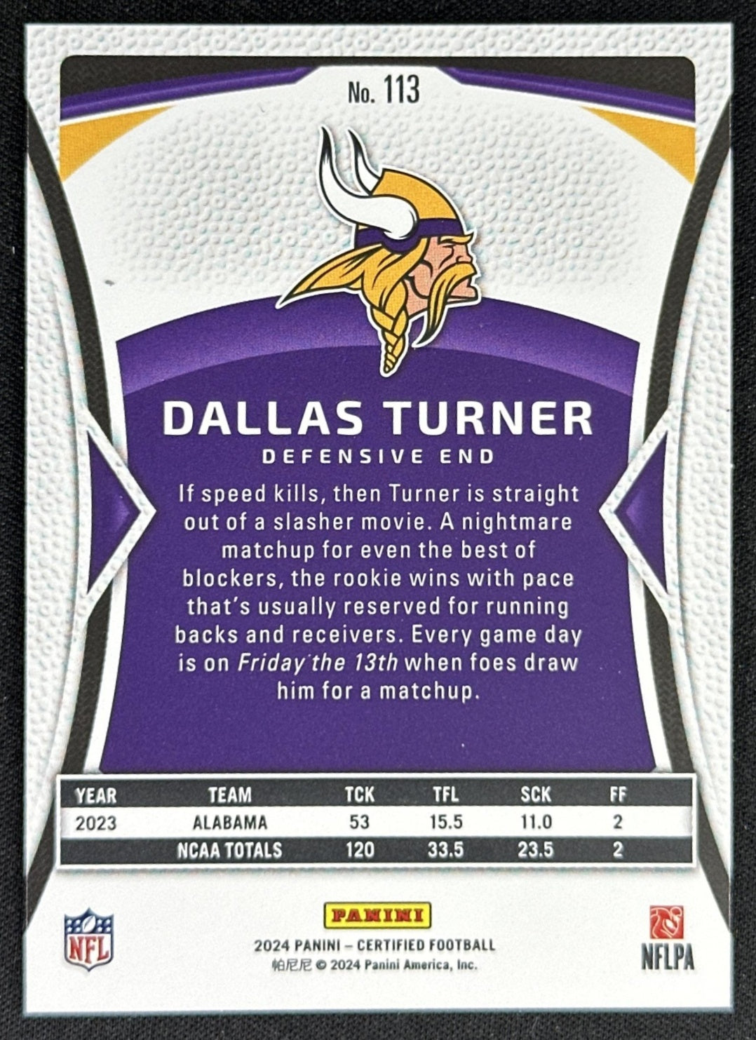 Dallas Turner 2024 Panini Certified Rookies Mirror /350 Vikings