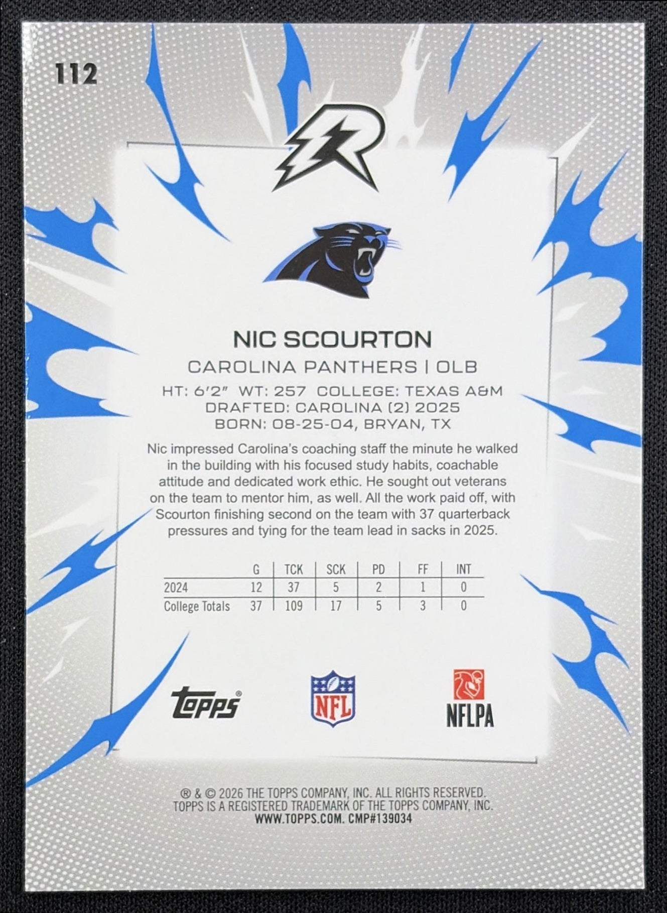 Nic Scourton 2025 Topps Resurgence Sky Blue and Pink Shock Refractor Panthers