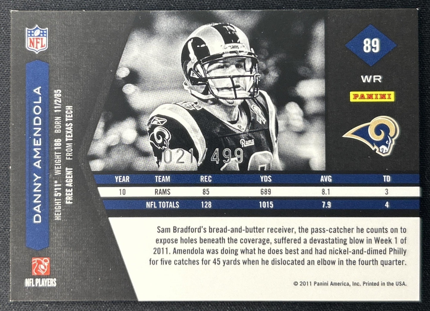 Danny Amendola 2011 Panini Limited /499 Rams back