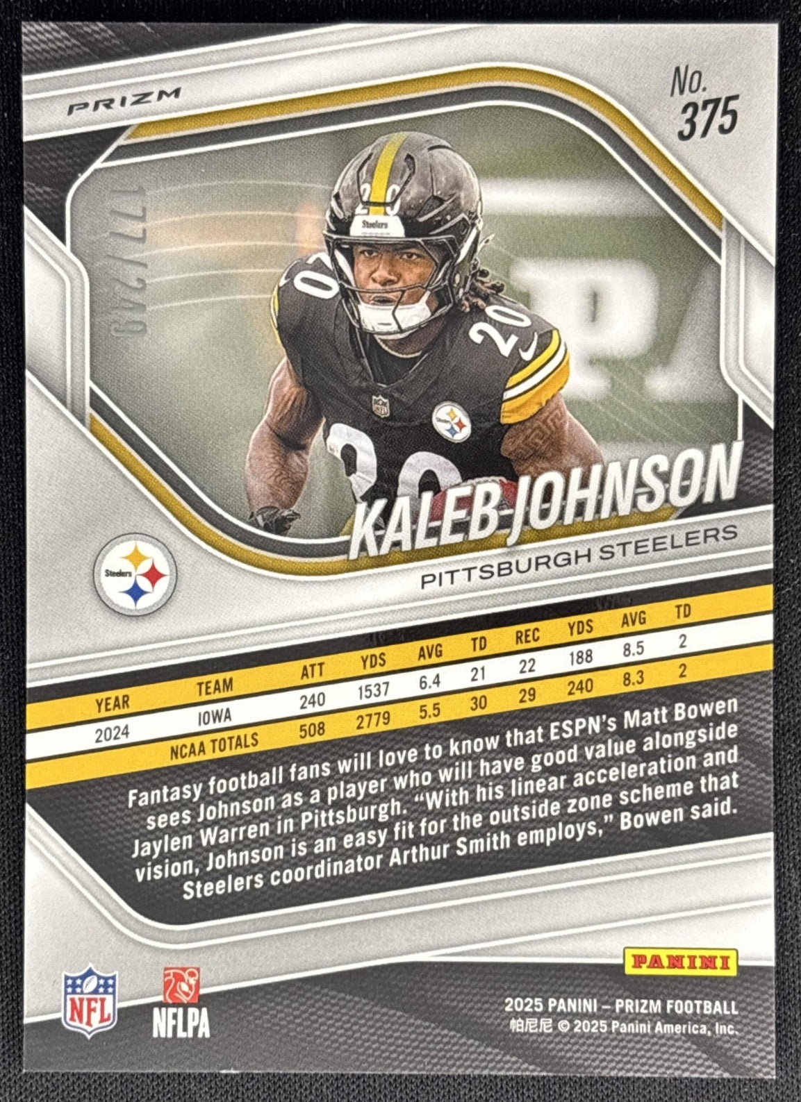Kaleb Johnson 2025 Panini Prizm Orange /249 Steelers back