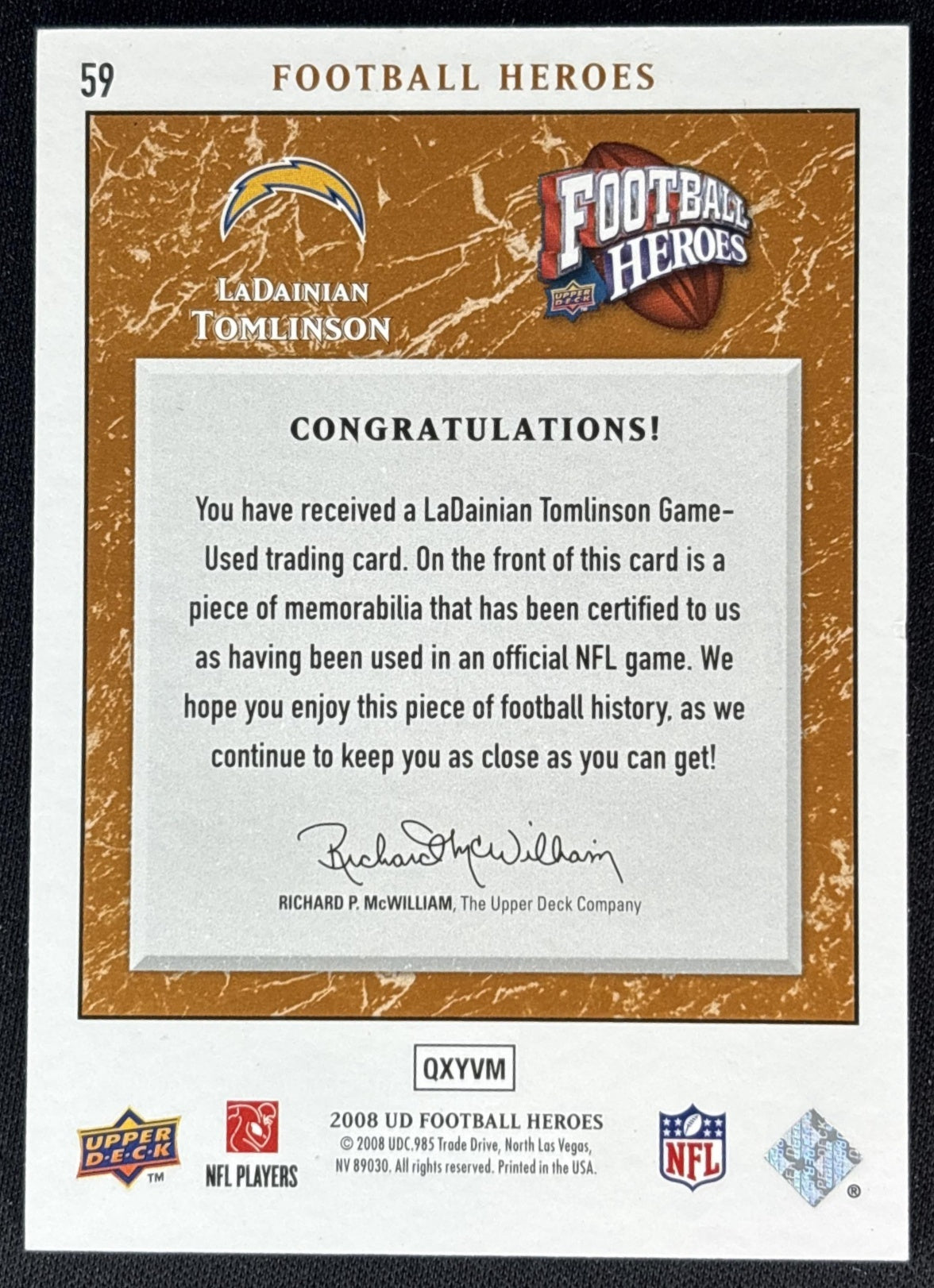 LaDainian Tomlinson 2008 Upper Deck Heroes Jerseys Bronze /75 Chargers Sports Trading Card