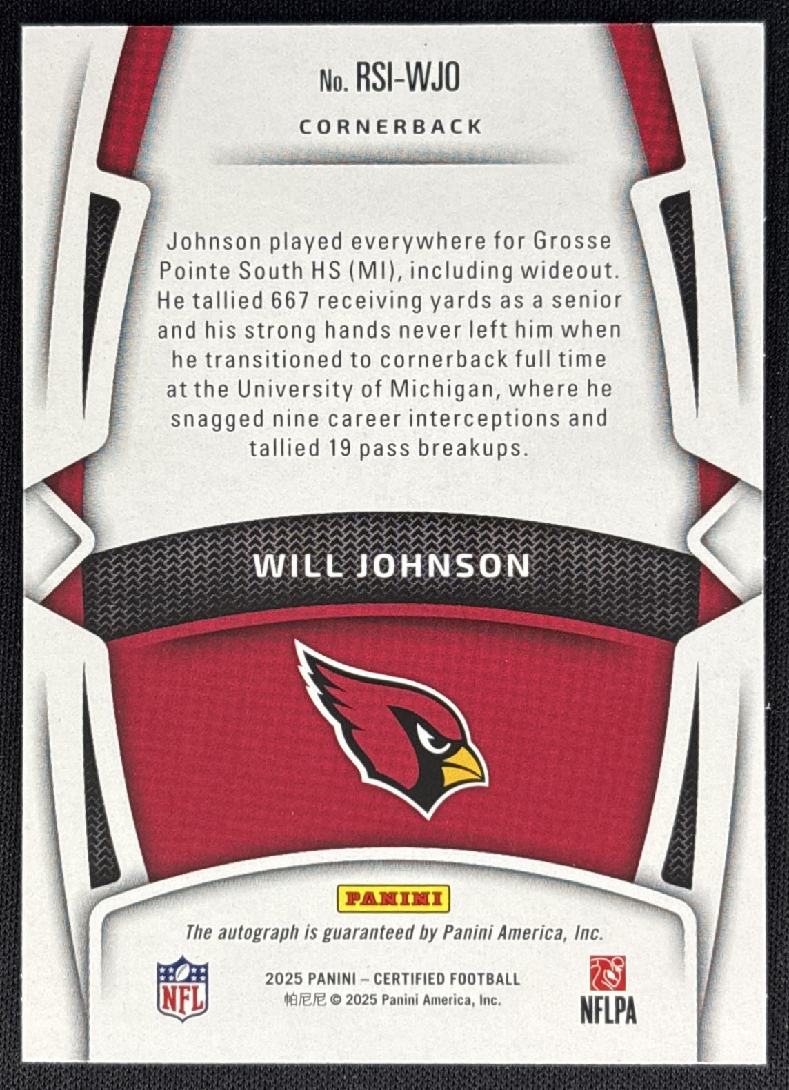 Will Johnson 2025 Panini Certified Rookie Signatures /125 Cardinals Sports Trading Cards