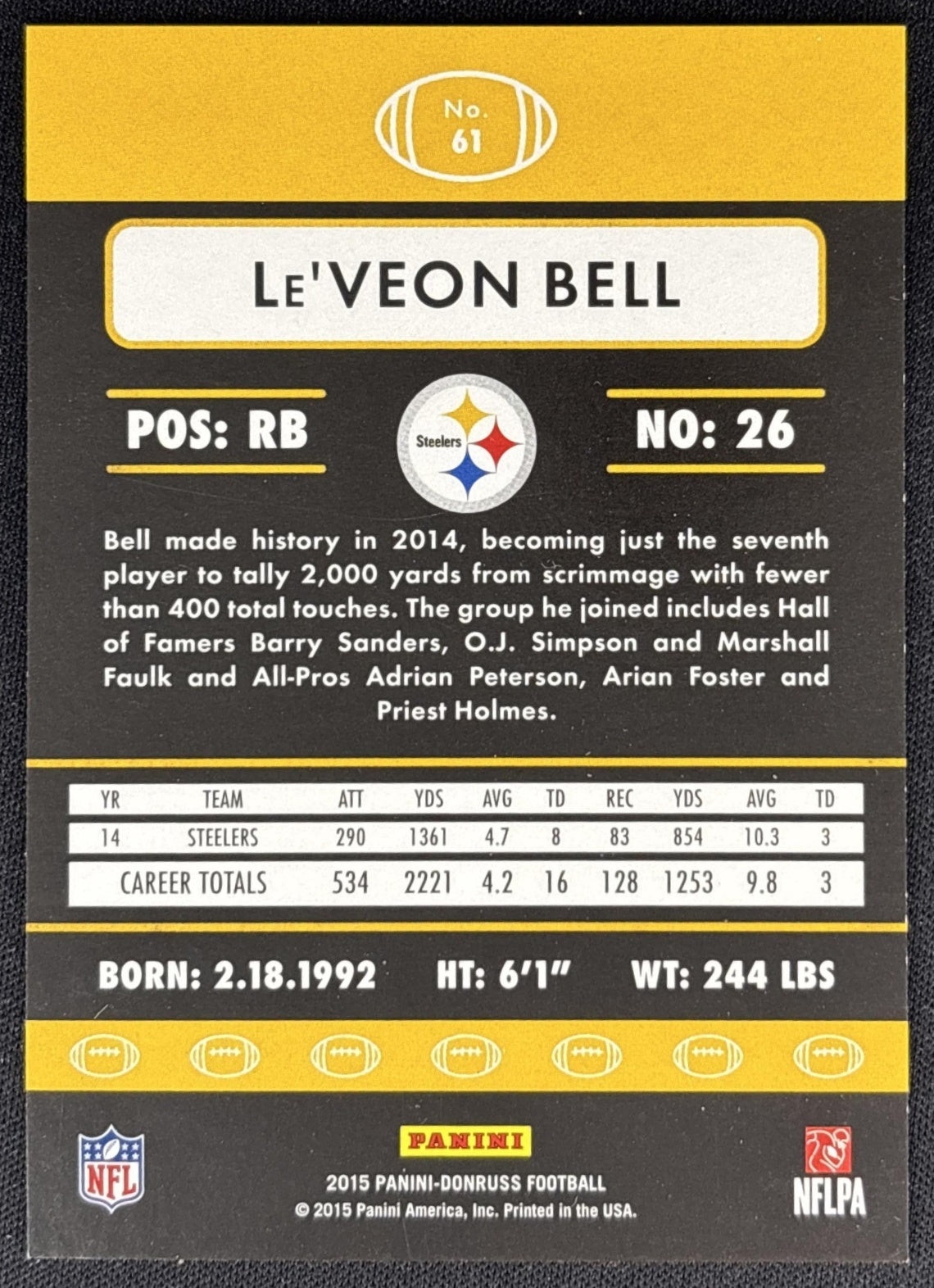 Le Veon Bell 2015 Panini Donruss Stat Line Career Green /534 Steelers back