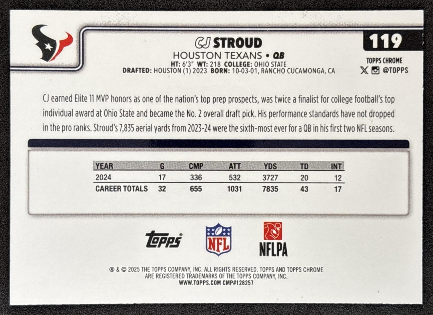 CJ Stroud 2025 Topps Chrome Purple Refractor /75 Texans