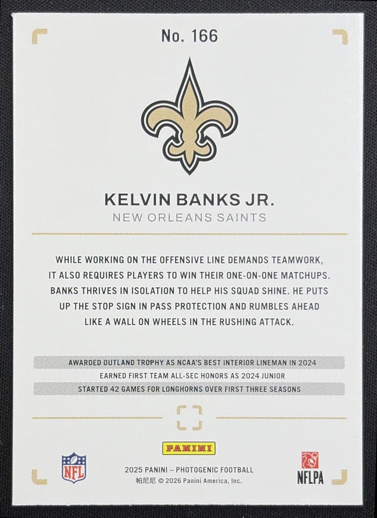 Kelvin Banks Jr. 2025 Panini PhotoGenic Rookies Blue /49 Saints New Orleans Saints back