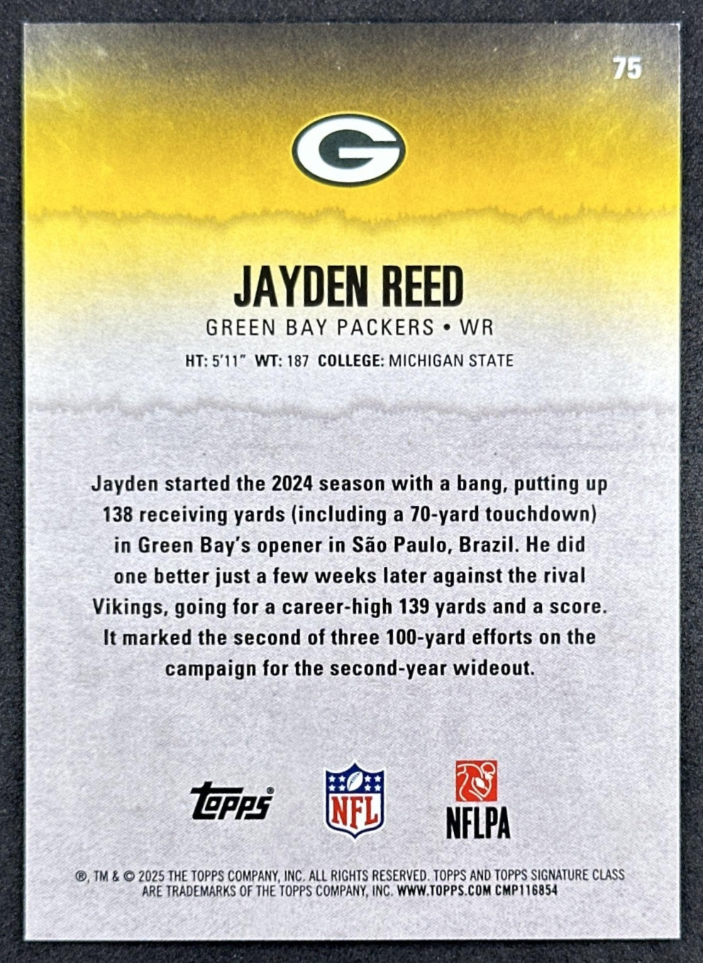 Jayden Reed 2025 Topps Signature Class Veteran Blue & Yellow Foil Packers back sports trading card