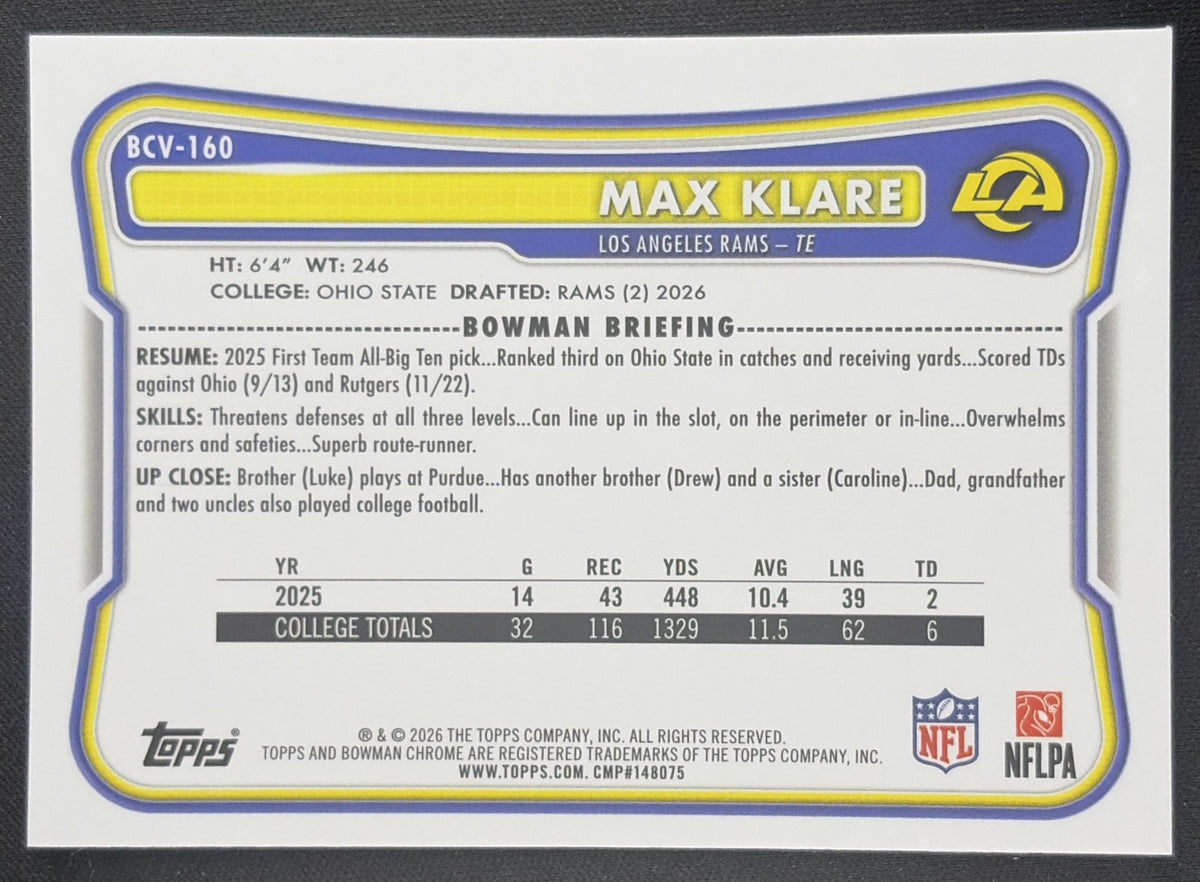 Max Klare 2026 Bowman Chrome NFL Mojo Refractor Rams