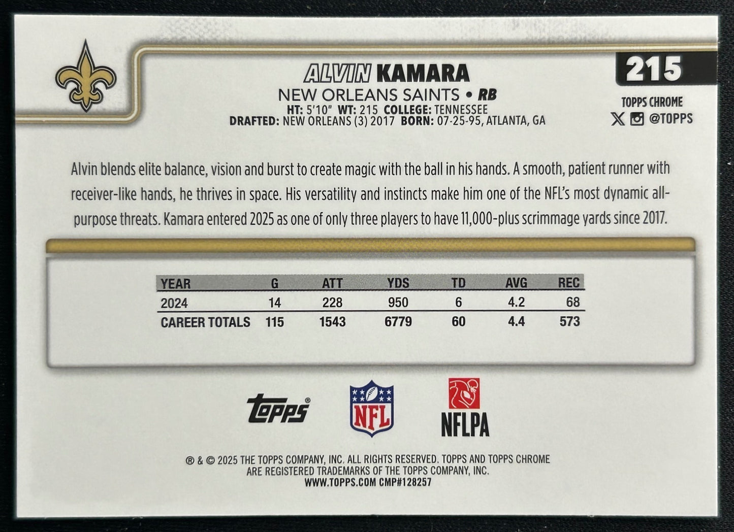 Alvin Kamara 2025 Topps Chrome Saints Sports Trading Cards