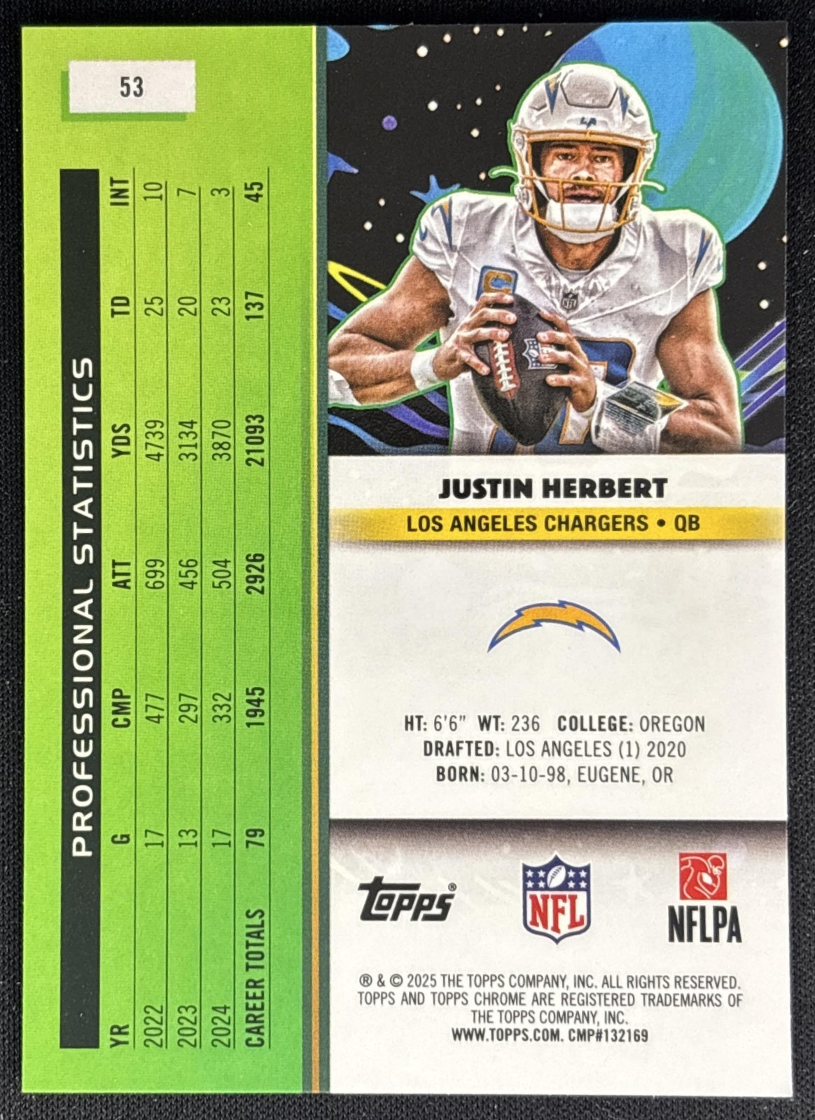 Justin Herbert 2025 Topps Cosmic Chrome Chargers back