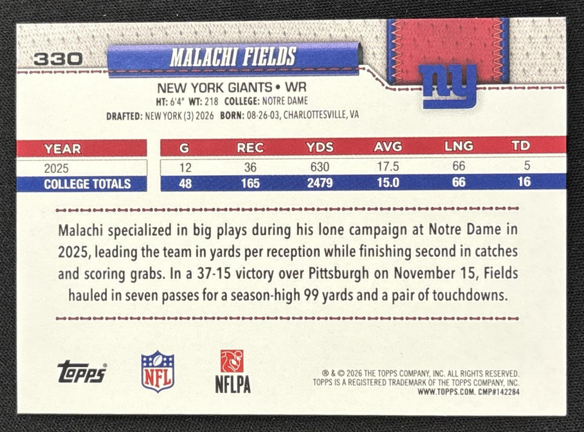 Malachi Fields 2026 Topps Holo Foil Giants
