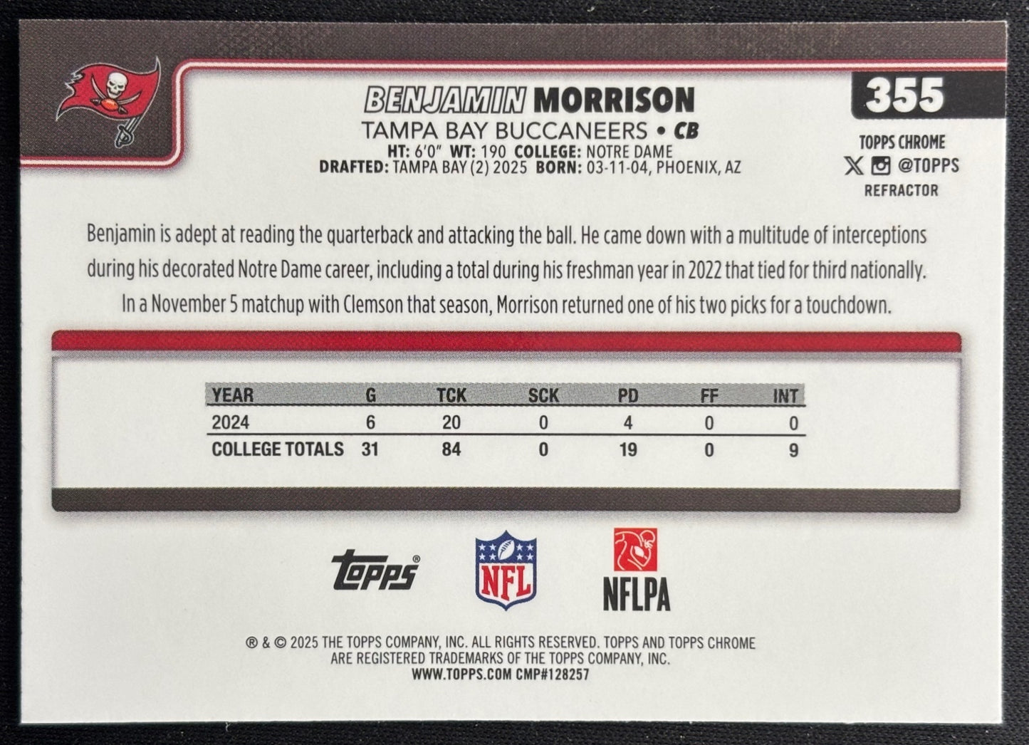 Benjamin Morrison 2025 Chrome Rookie Refractor Buccaneers Sports Trading Cards
