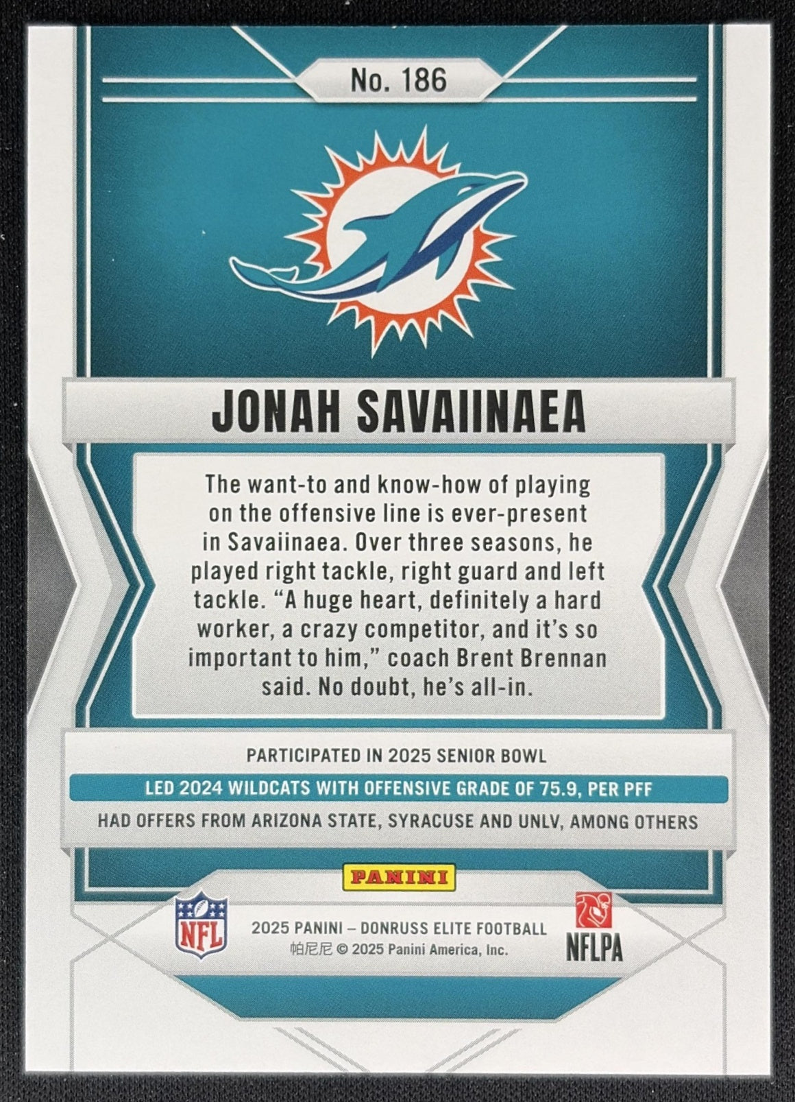 Jonah Savaiinaea 2025 Panini Donruss Elite Rookies /999 Dolphins