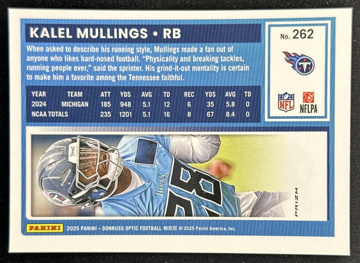 Kalel Mullings 2025 Panini Donruss Optic Rated Rookie Blue Hyper Prizm Titans back