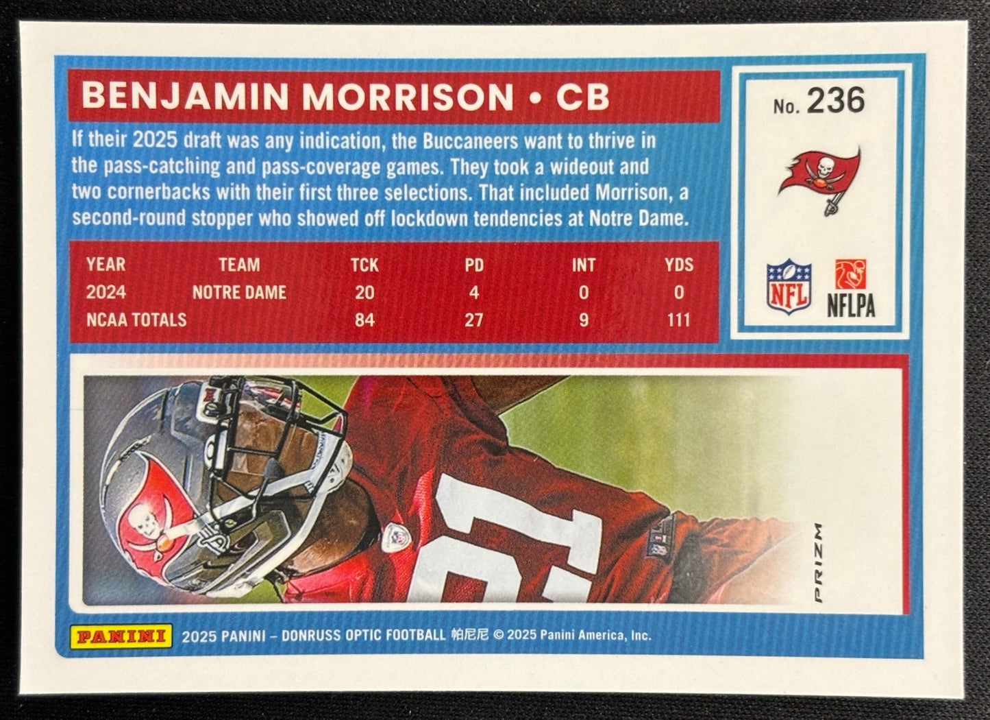 Benjamin Morrison 2025 Panini Donruss Optic Rated Rookie Holo Prizm Buccaneers