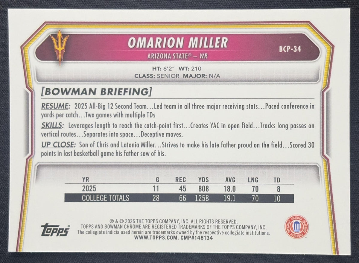 Omarion Miller 2026 Bowman Chrome Prospects Mojo Refractor Sun Devils Sports Trading Card
