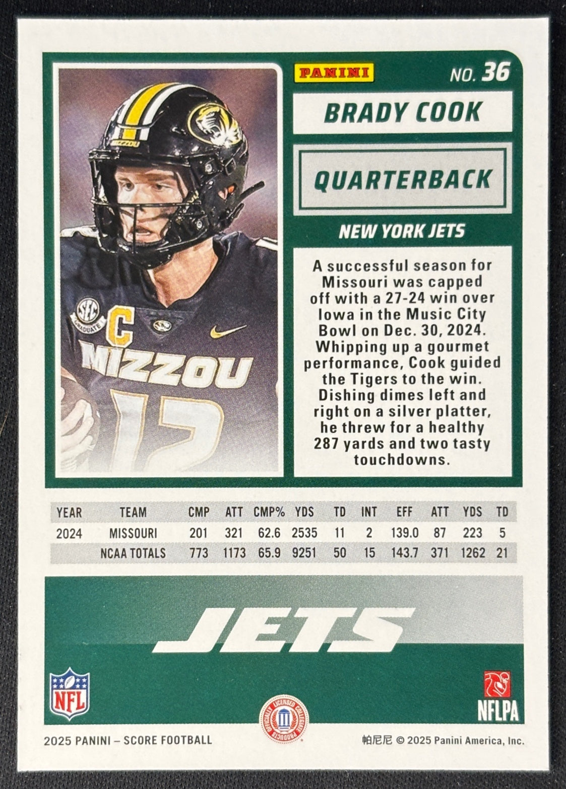 Brady Cook 2025 Score Rookies Jets Sports Trading Card