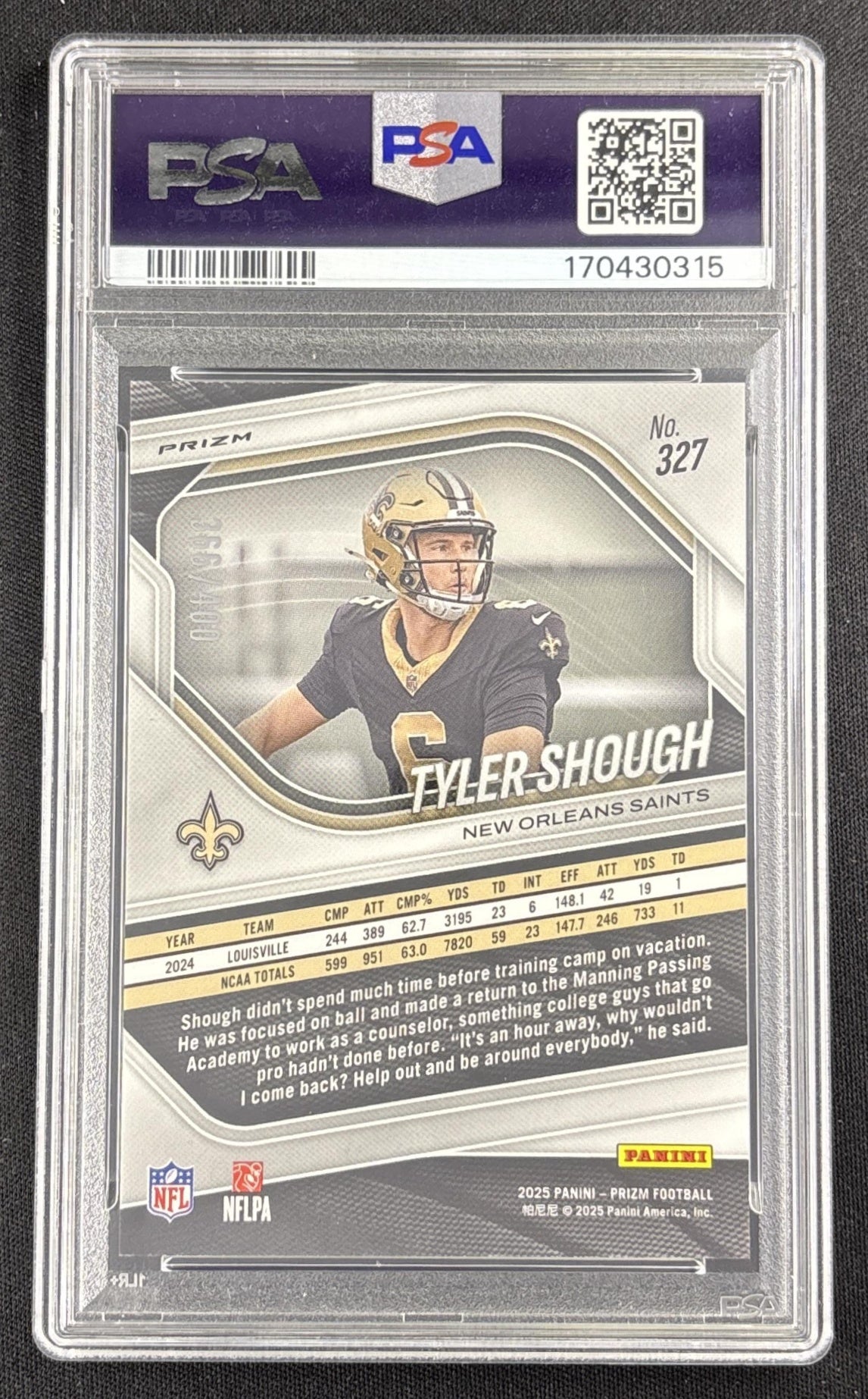 Tyler Shough 2025 Panini Prizm Pandora /400 PSA 10 Saints Sports Trading Card