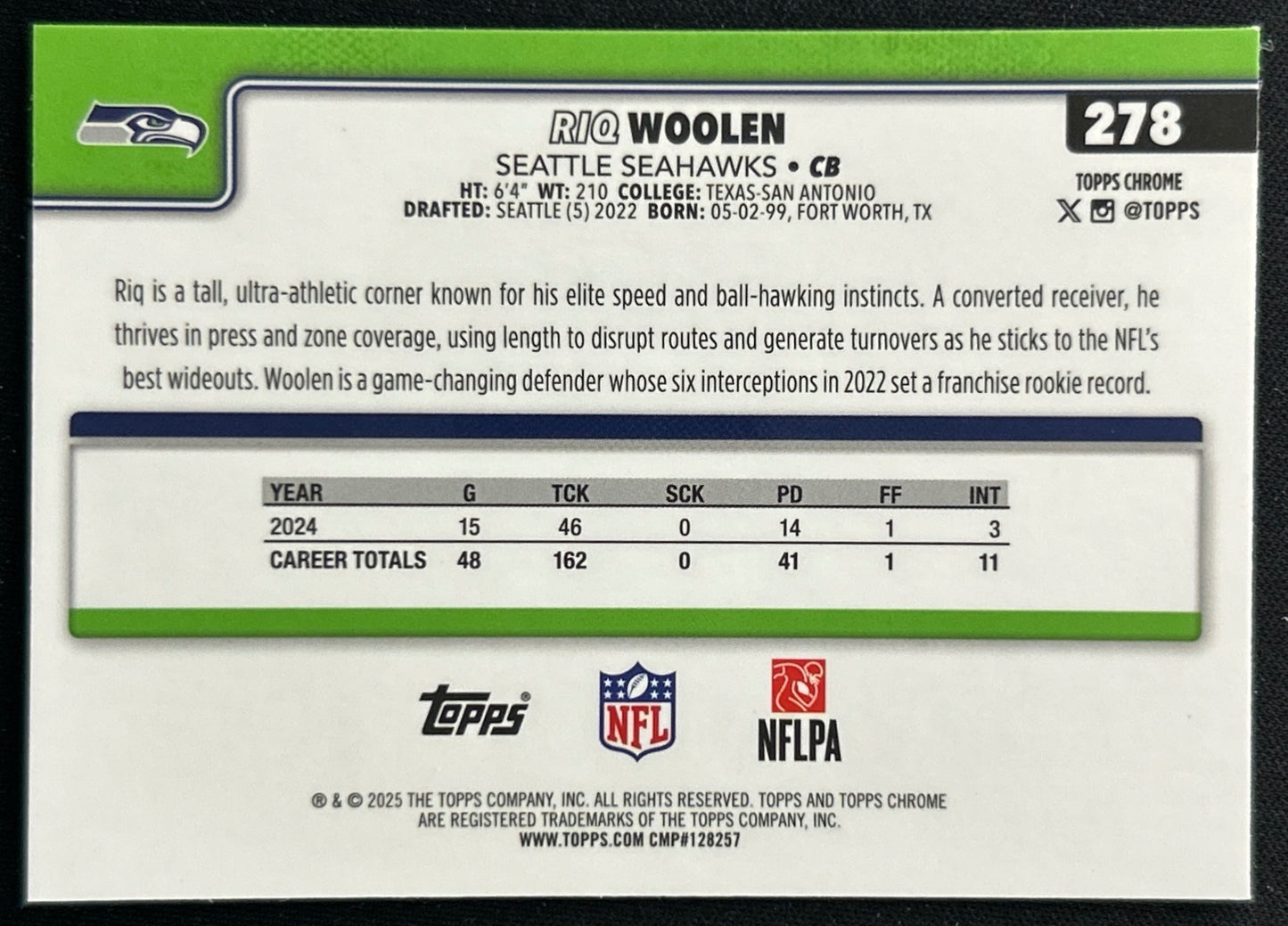 Riq Woolen 2025 Topps Chrome Seahawks Sports Trading Cards