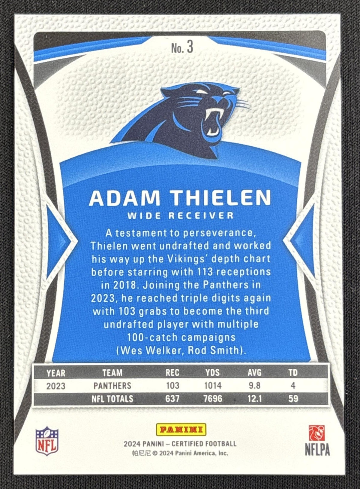 Adam Thielen 2024 Panini Certified Bronze Mirror /275 Panthers