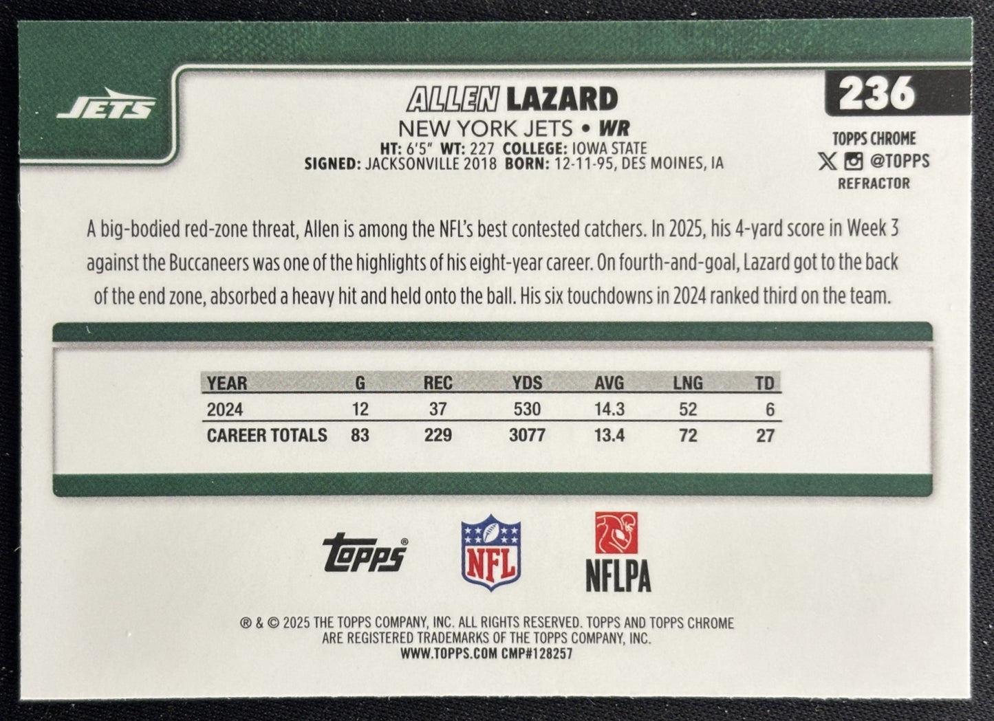 Allen Lazard 2025 Topps Chrome Refractor Jets Sports Trading Cards