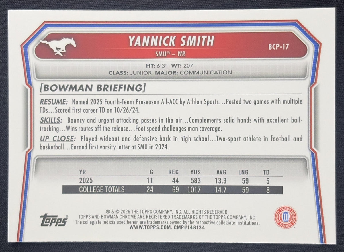 Yannick Smith 2026 Bowman Chrome Prospects Speckle Refractor Mustangs Sports Trading Card