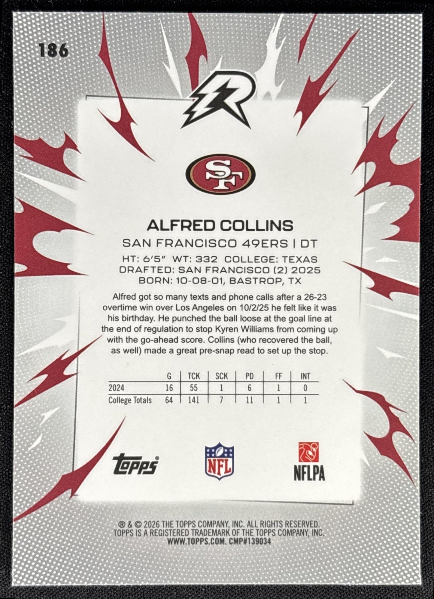 Alfred Collins 2025 Topps Resurgence Sky Blue and Pink Shock Refractor 49ers back