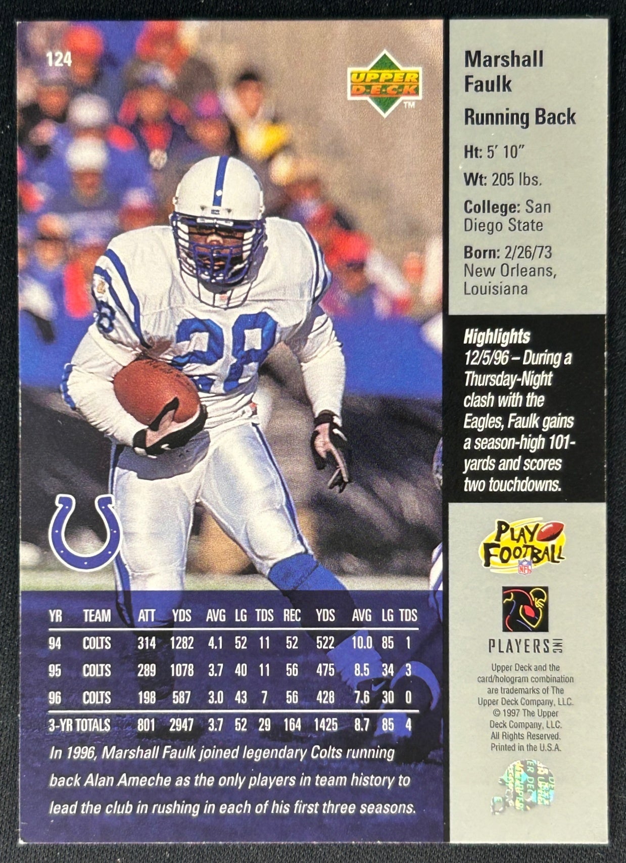 Marshall Faulk 1997 Colts Sports Trading Cards