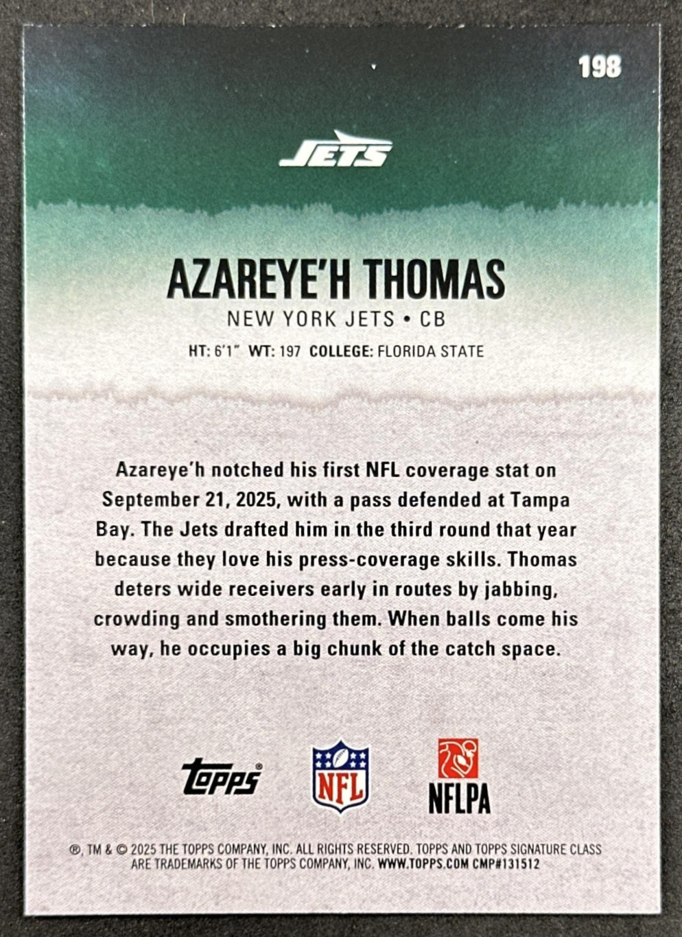 Azareye'h Thomas 2025 Topps Signature Class Rookie Blue & Yellow Foil Jets