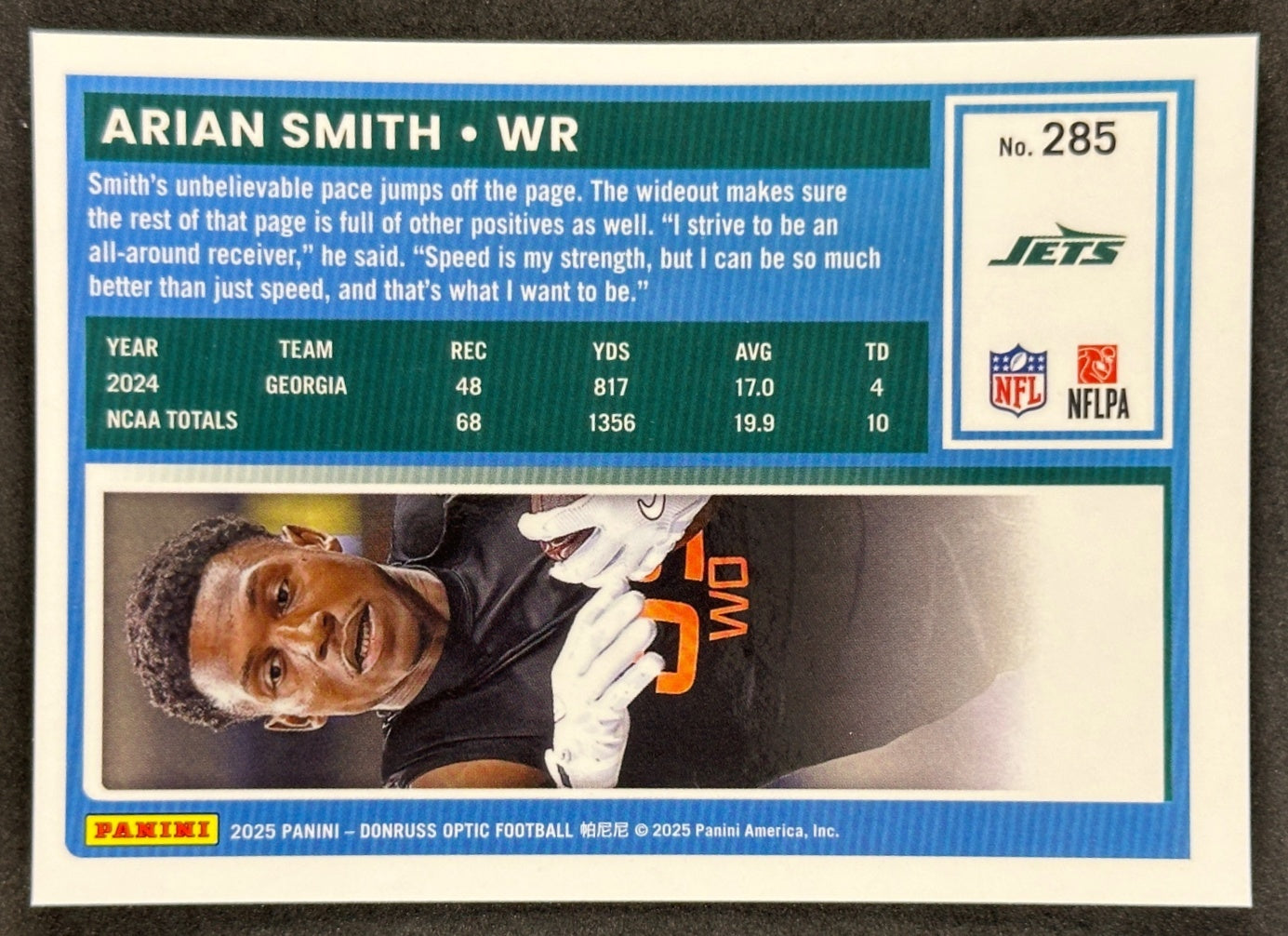 Arian Smith 2025 Donruss Optic Rated Rookie Jets Sports Trading Card