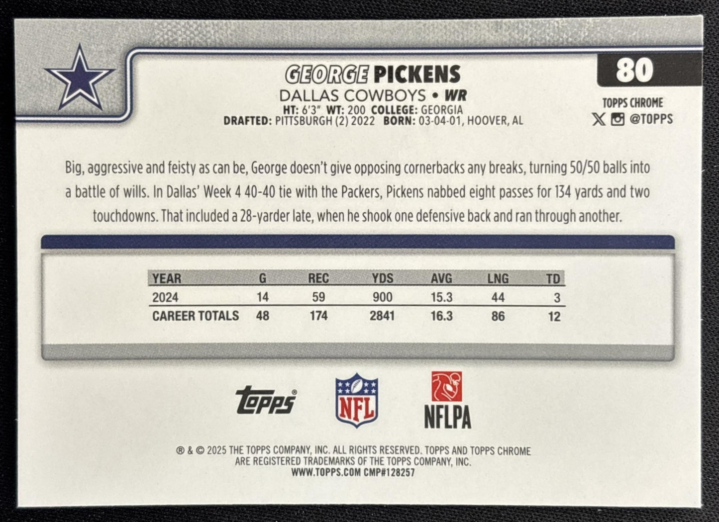 George Pickens 2025 Topps Chrome Hot Pink X-Fractor Cowboys Sports Trading Cards