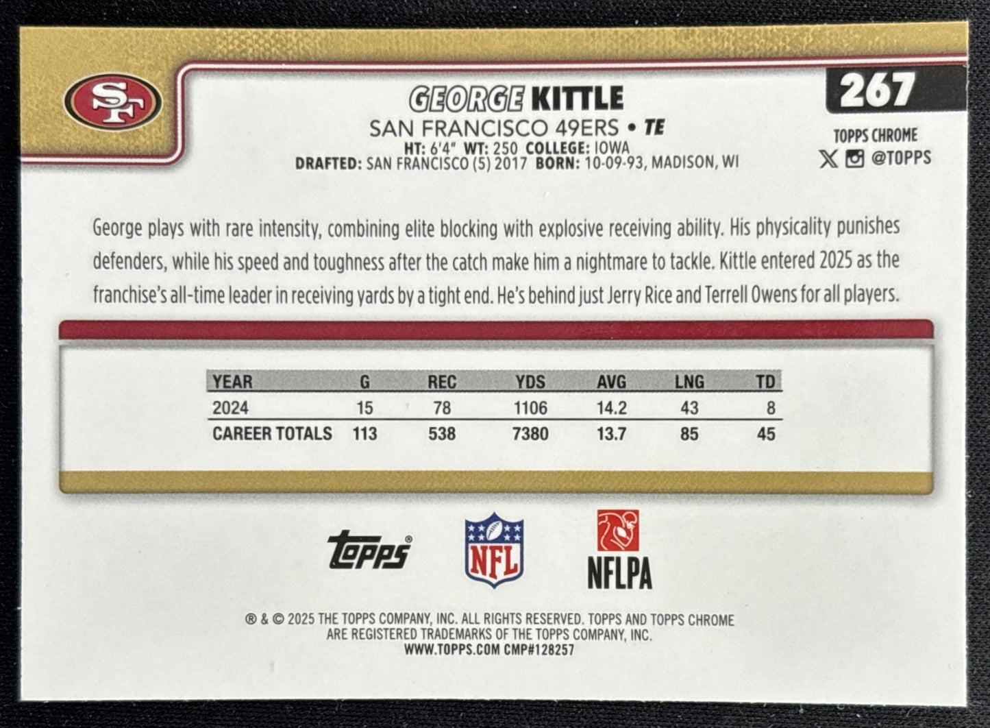 George Kittle 2025 Topps Chrome Pulsar Refractor 49ers