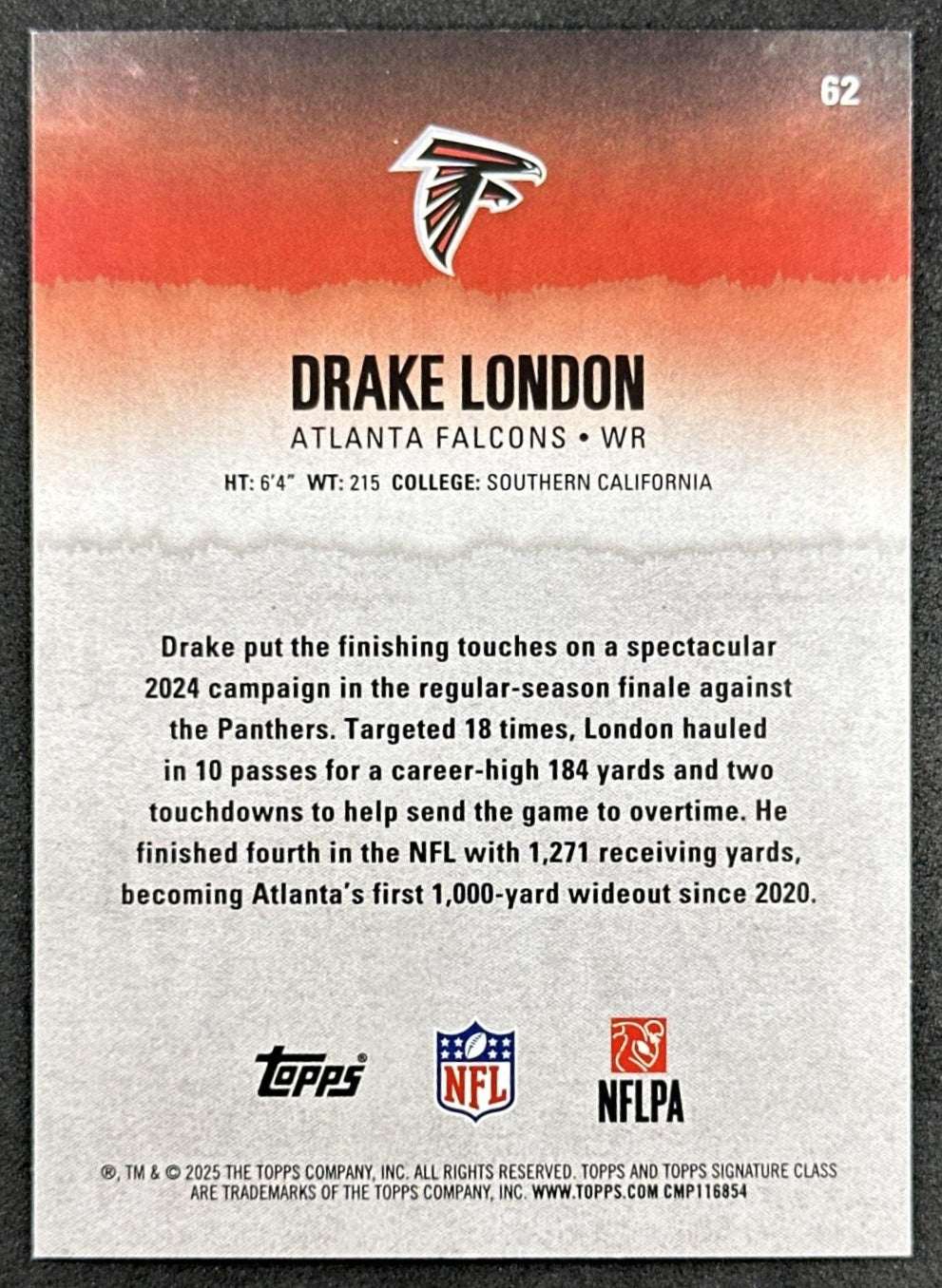 Drake London 2025 Topps Signature Class Veteran Blue & Yellow Foil Falcons back sports trading card