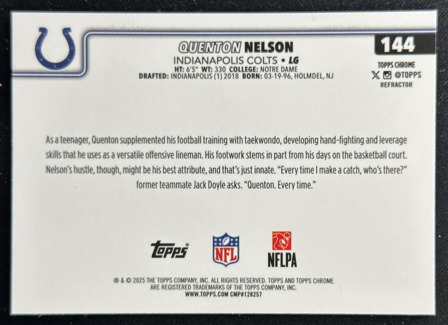 Quenton Nelson 2025 Topps Chrome Refractor Colts Sports Trading Cards