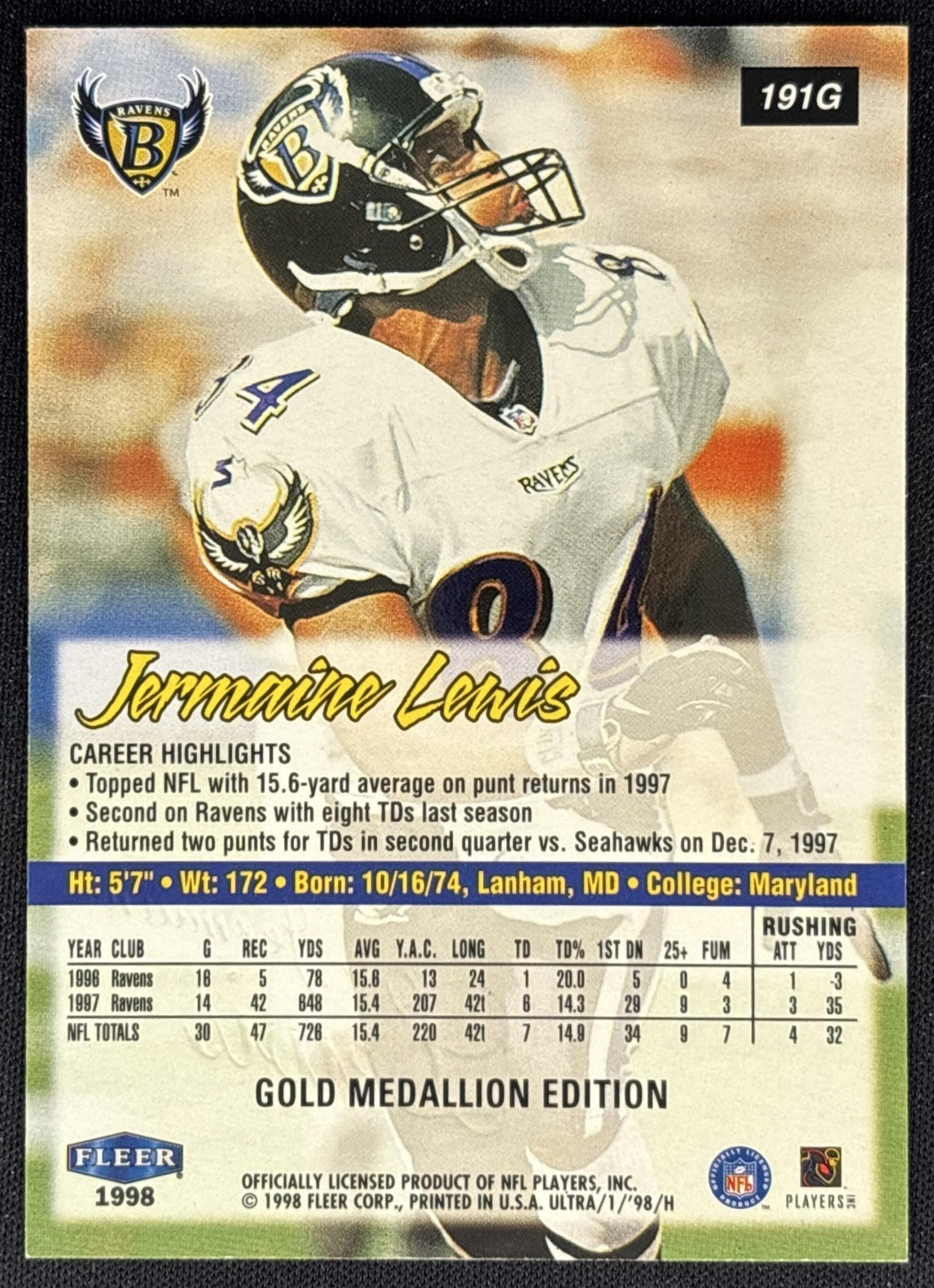 Jermaine Lewis 1998 Fleer Ultra Gold Medallion Ravens - Back