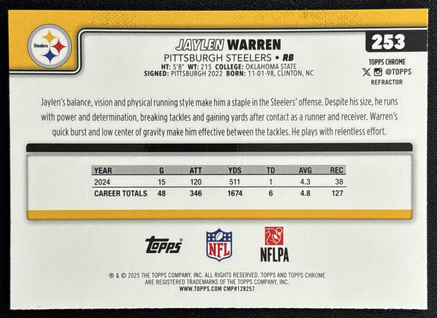 Jaylen Warren 2025 Topps Chrome Refractor Steelers back