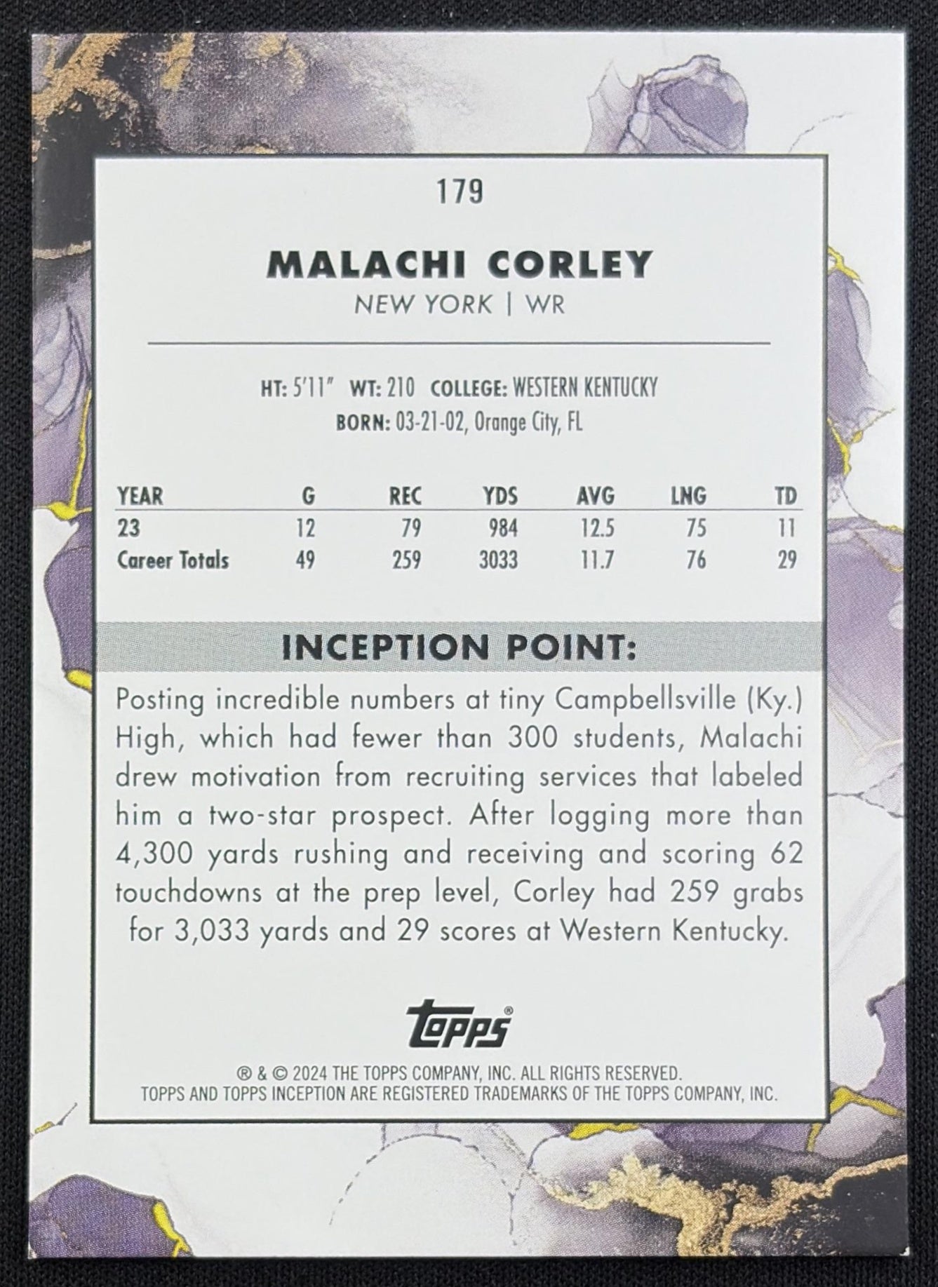 Malachi Corley 2024 Topps Inception Purple /125 Jets